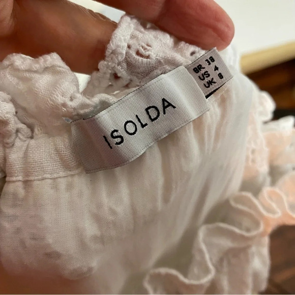 Isolda Eyelet Dress Size Small 4 Off The Shoulder Ruffled White Midi Lace Flare - Picture 8 of 15